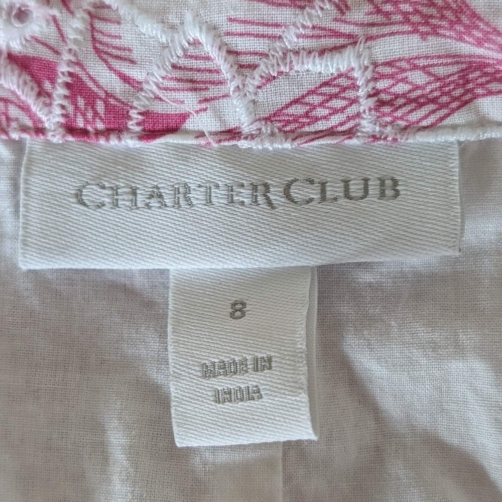 Printed Eyelet Ruffled Faux-Wrap Dress | Charter Club Sz 8 - Picture 4 of 9